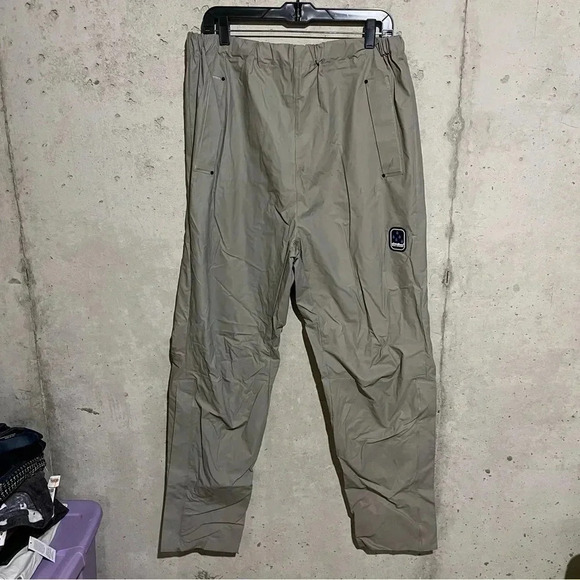 Eddie Bauer Waterproof Pants Mens L Beige Rain Over PVC Elastic Hunting Fishing - Picture 1 of 10
